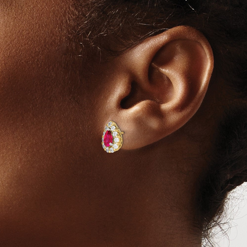 14k Pear Ruby and Diamond Halo Post Earrings