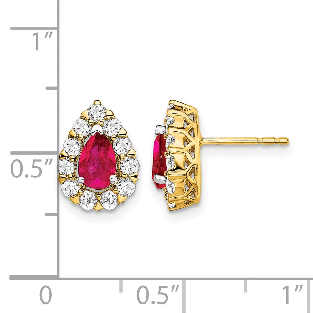 14k Pear Ruby and Diamond Halo Post Earrings