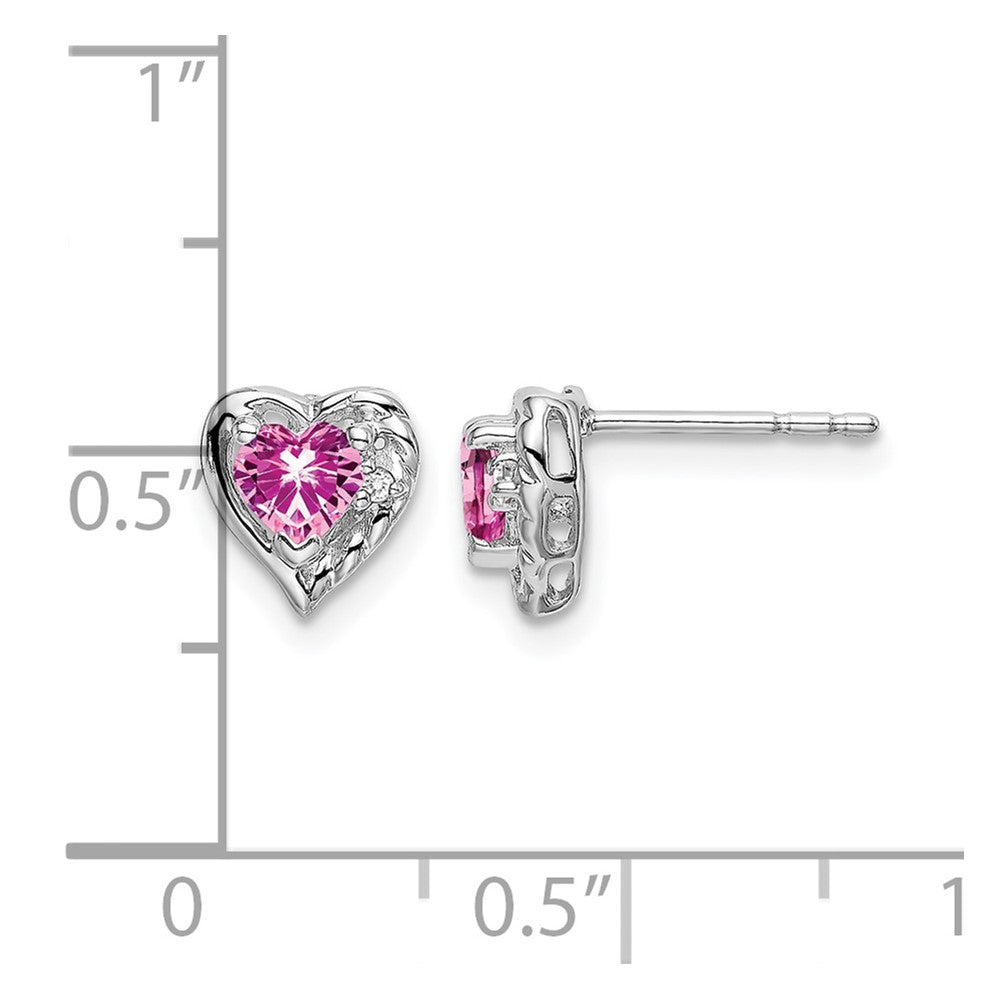 14k White Gold Created Pink Sapphire and Diamond Heart Earrings