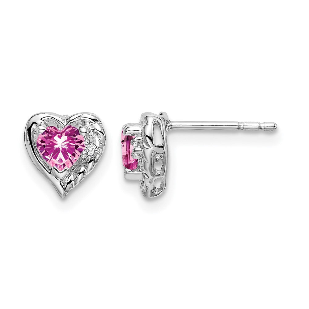 14k White Gold Created Pink Sapphire and Diamond Heart Earrings