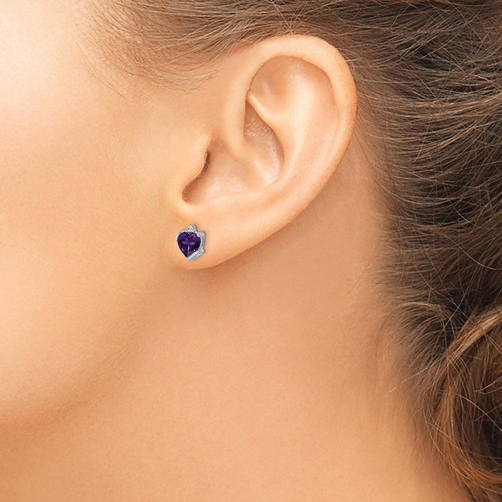 14k White Gold Amethyst and Diamond Heart Earrings