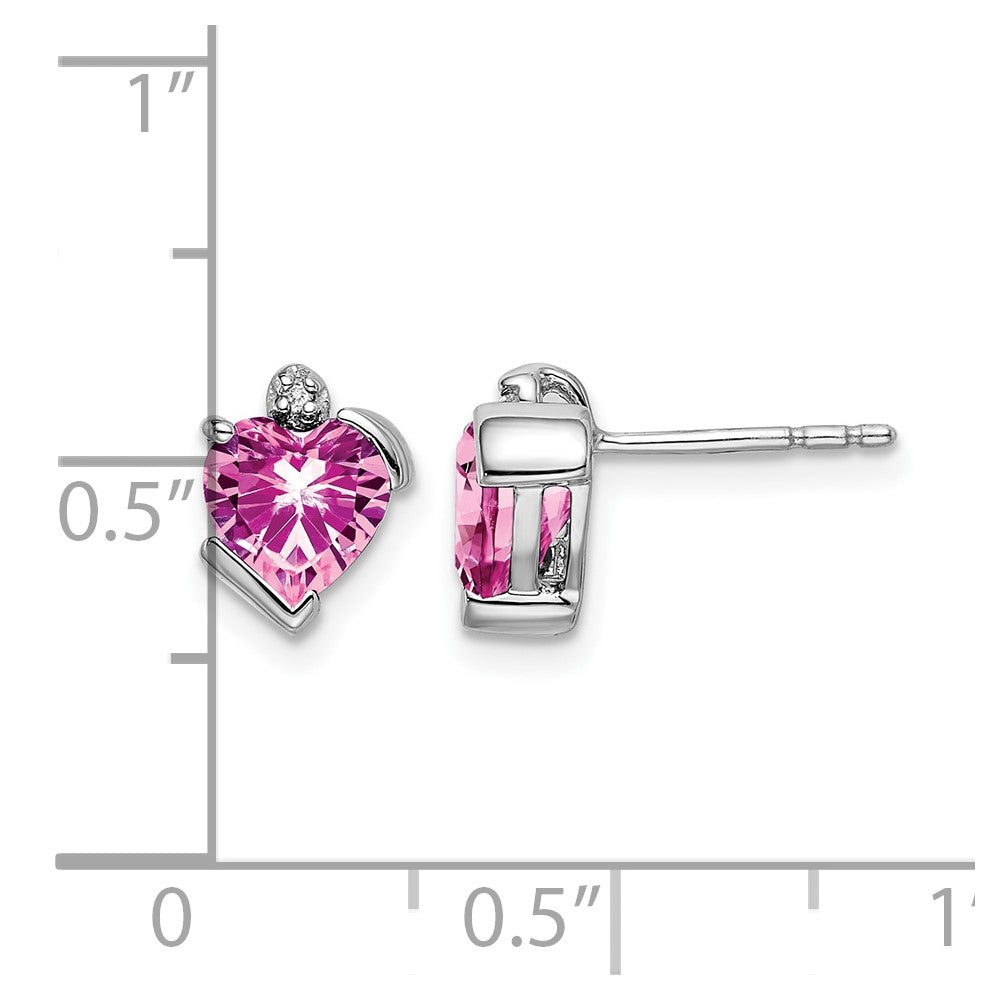 14k White Gold Created Pink Sapphire and Diamond Heart Earrings