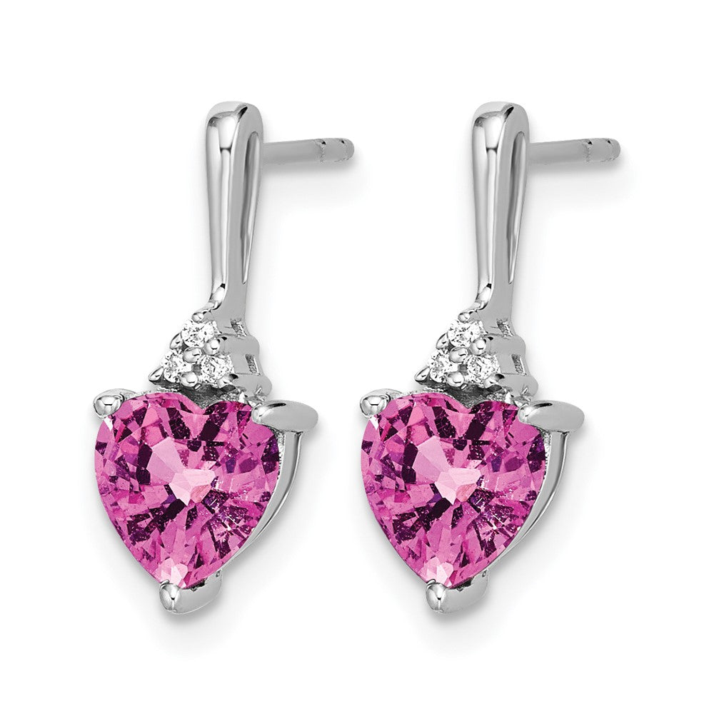 14k White Gold Created Pink Sapphire and Diamond Heart Earrings