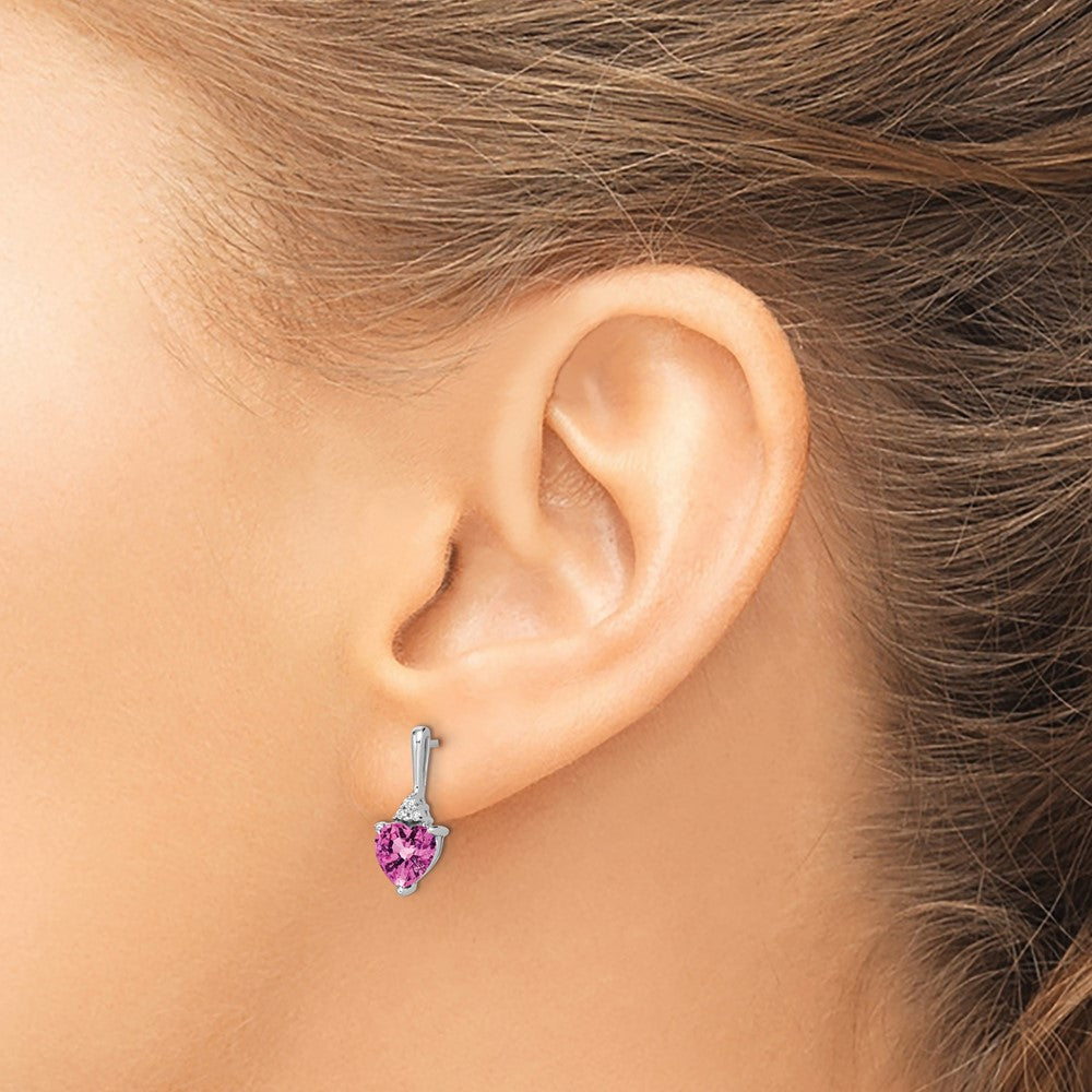14k White Gold Created Pink Sapphire and Diamond Heart Earrings