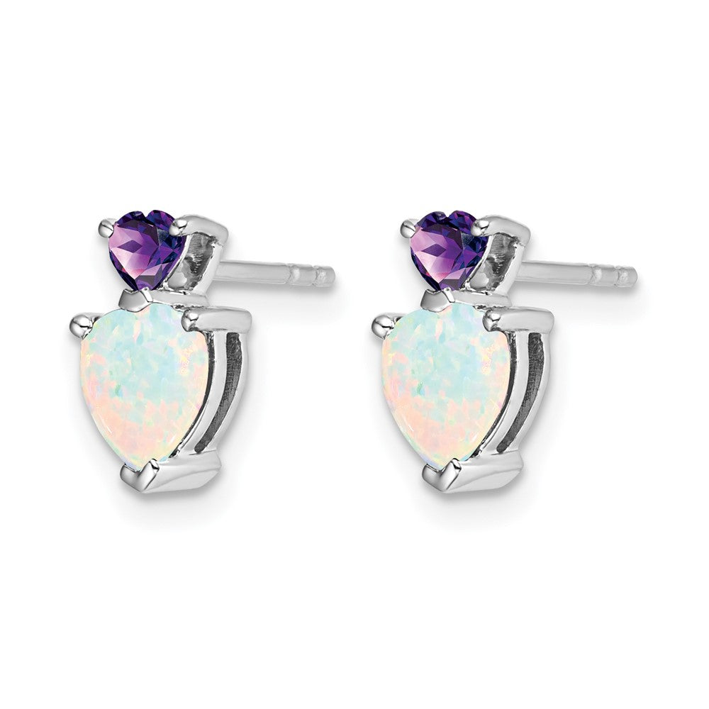 14k White Gold Created Opal and Amethyst Heart Earrings