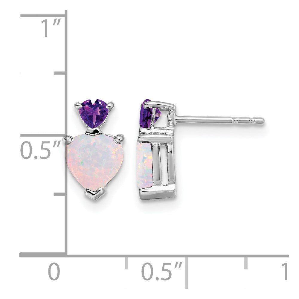 14k White Gold Created Opal and Amethyst Heart Earrings