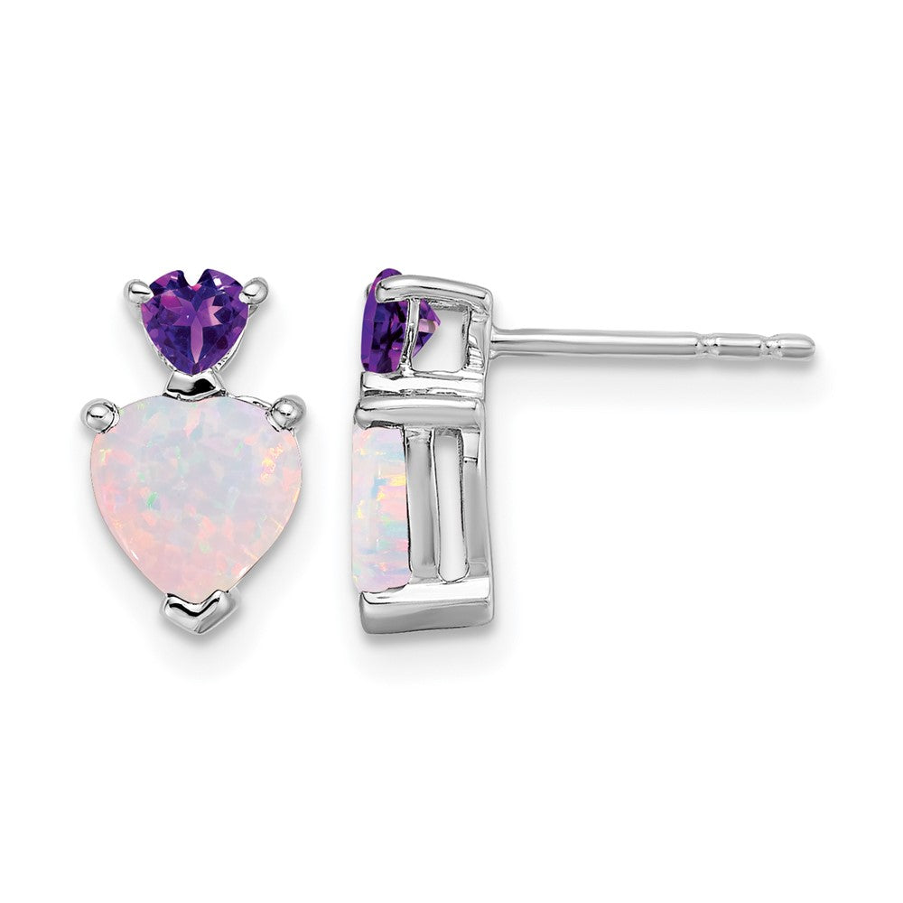 14k White Gold Created Opal and Amethyst Heart Earrings