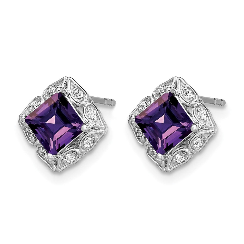 14k White Gold Square Amethyst and Diamond Earrings