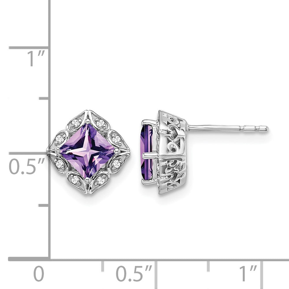 14k White Gold Square Amethyst and Diamond Earrings