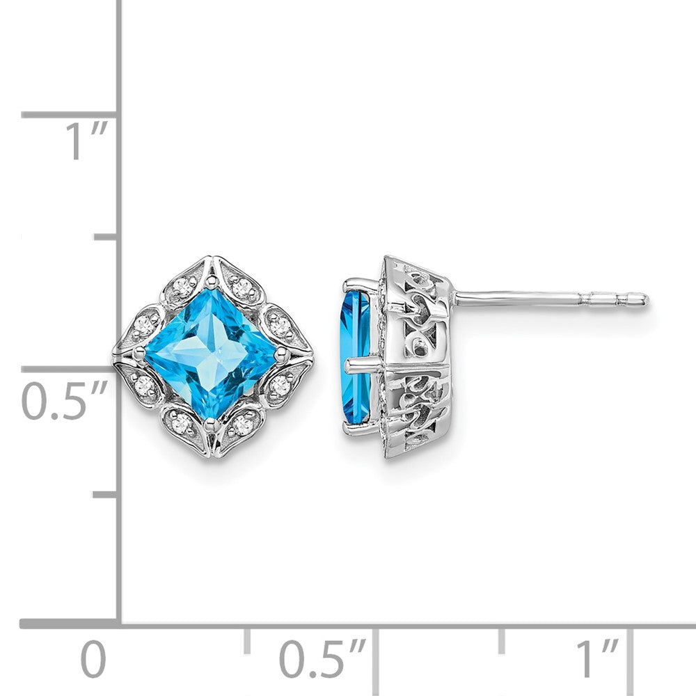 14k White Gold Square Blue Topaz and Diamond Earrings