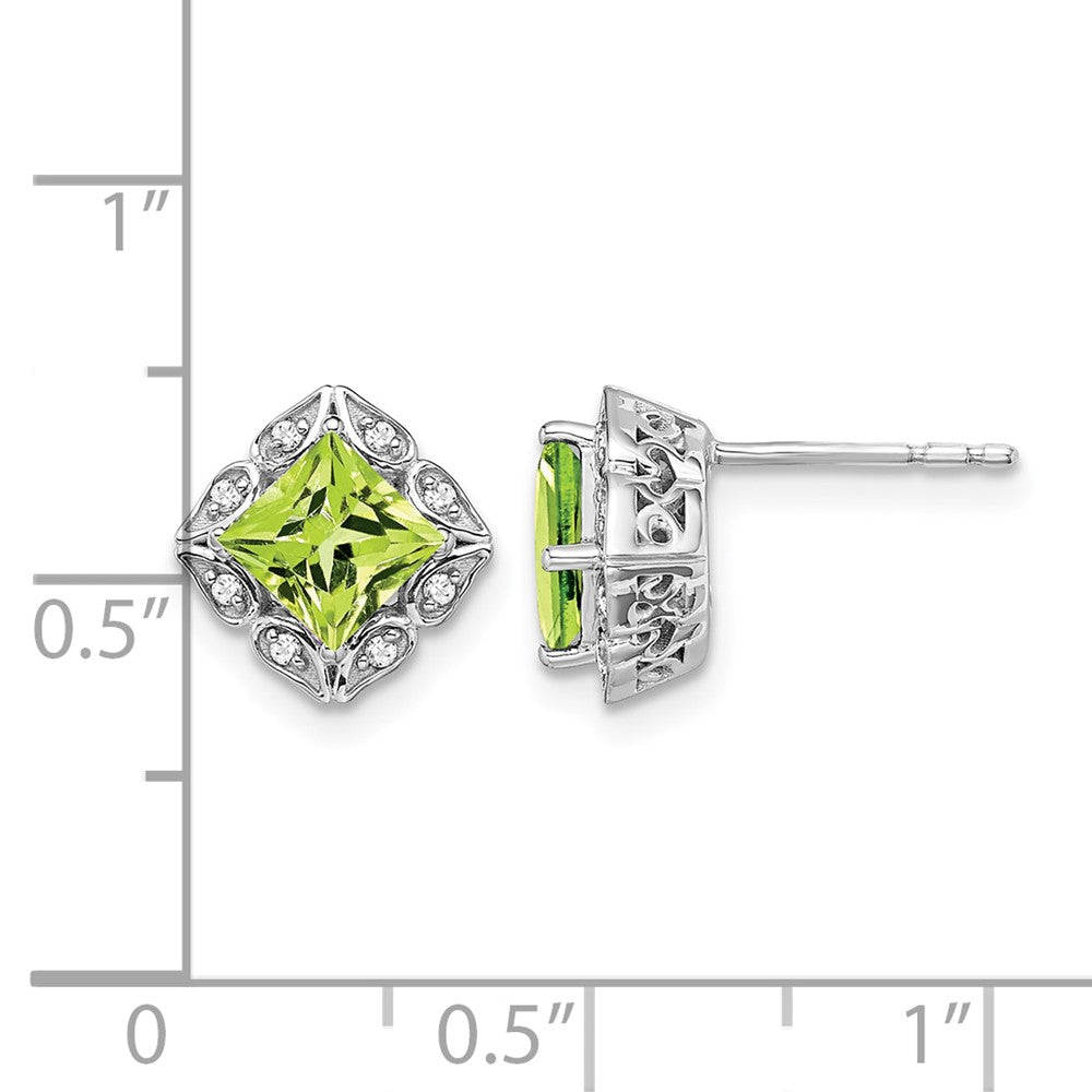 14k White Gold Square Peridot and Diamond Earrings