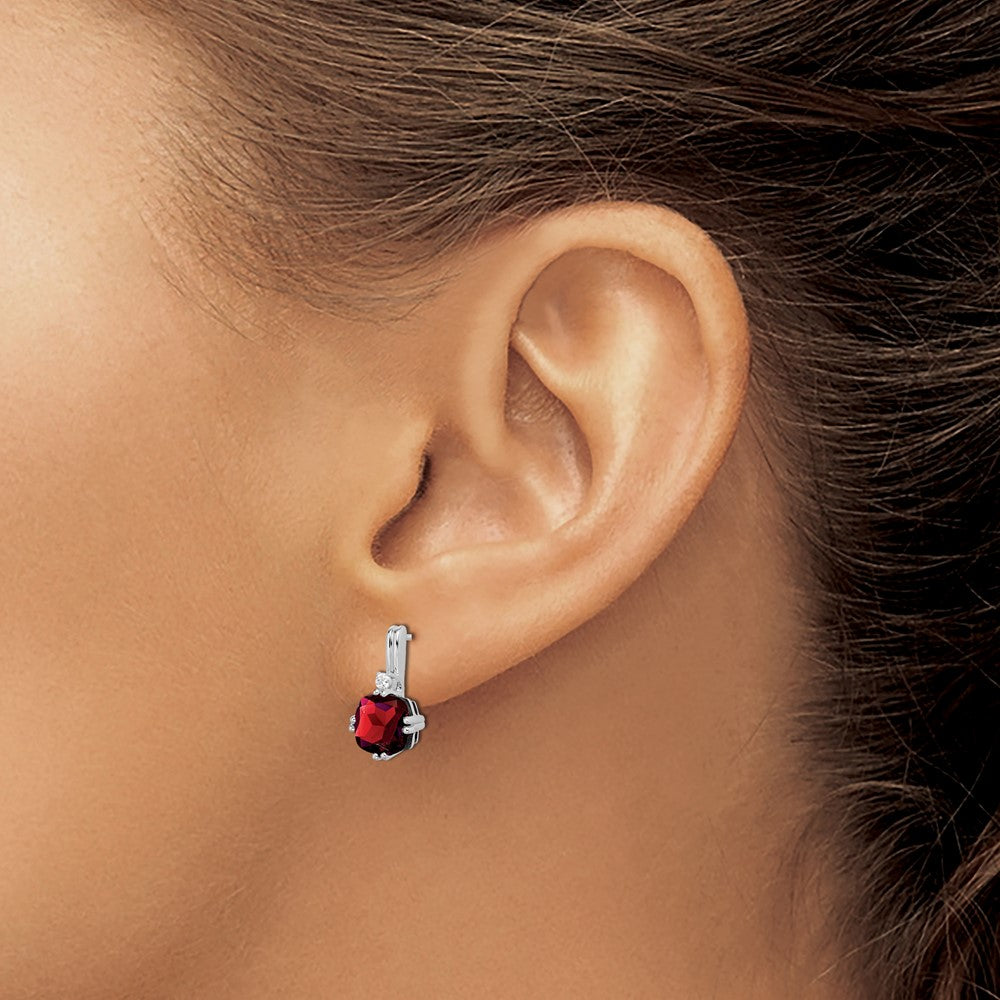 14k White Gold Cushion Garnet and Diamond Earrings