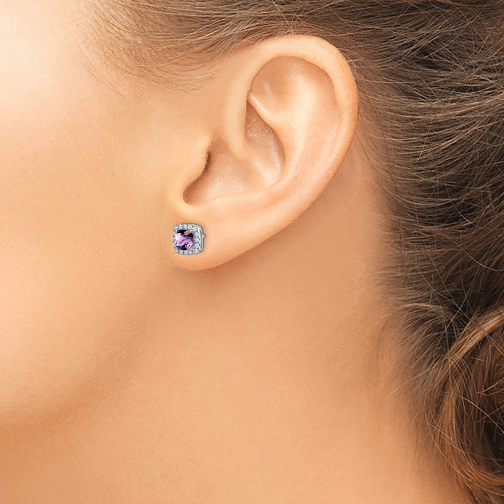 14k White Gold Cushion Amethyst and Diamond Halo Earrings