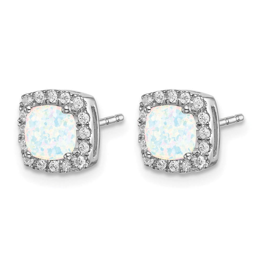 14k White Gold Cushion Created Opal and Diamond Halo Earrings