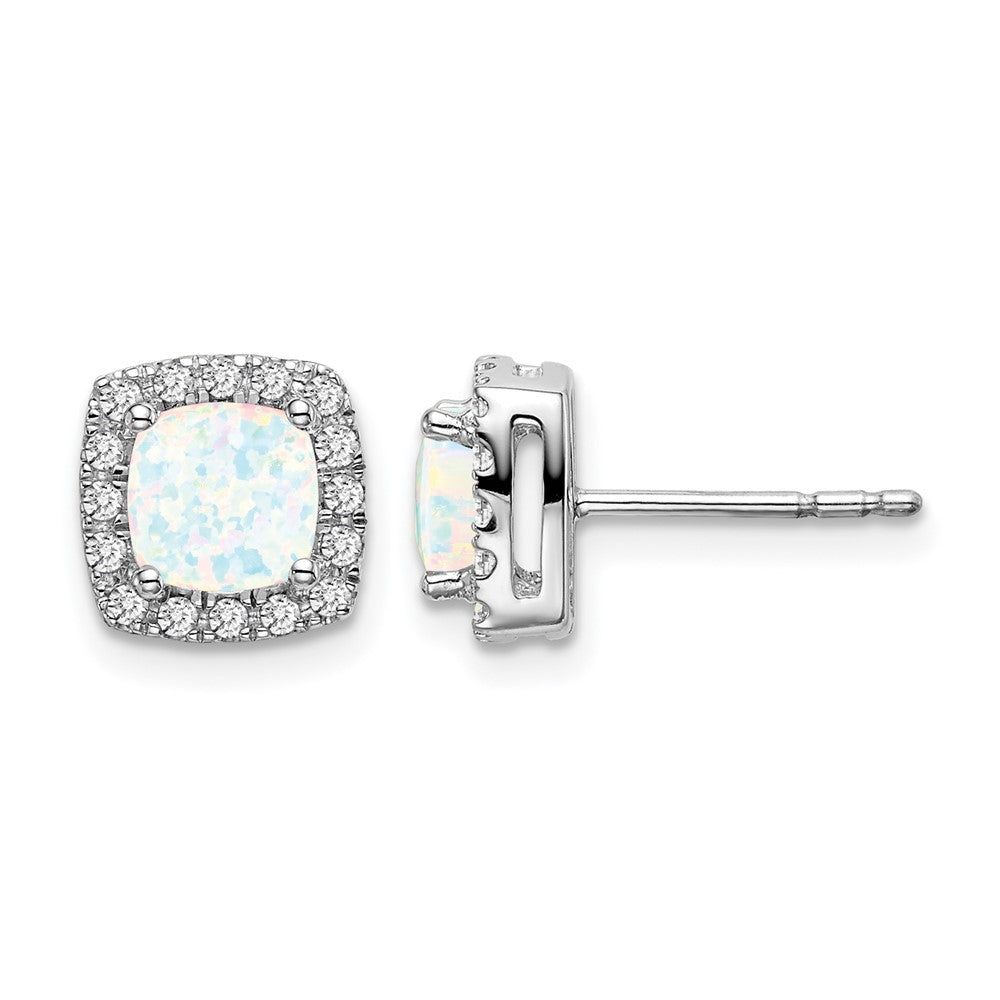 14k White Gold Cushion Created Opal and Diamond Halo Earrings