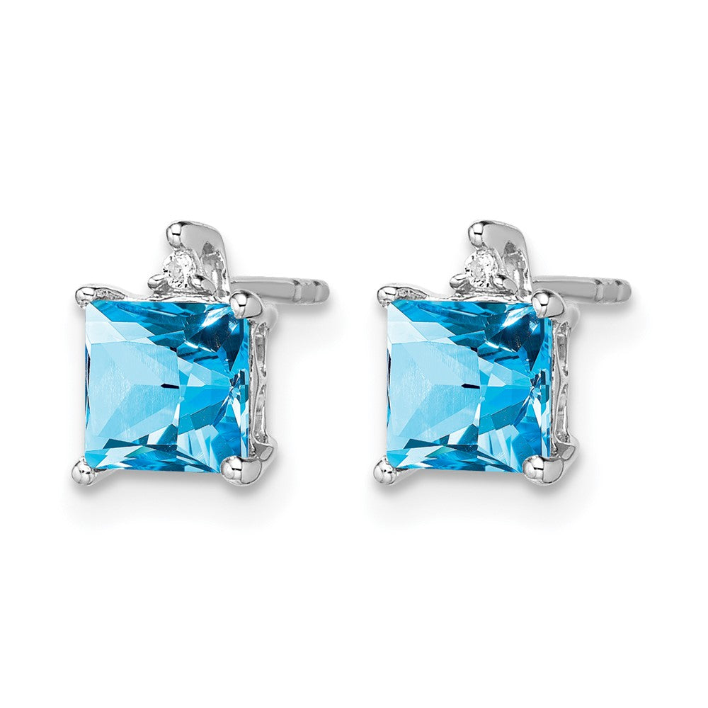 14k White Gold Princess Blue Topaz and Diamond Earrings
