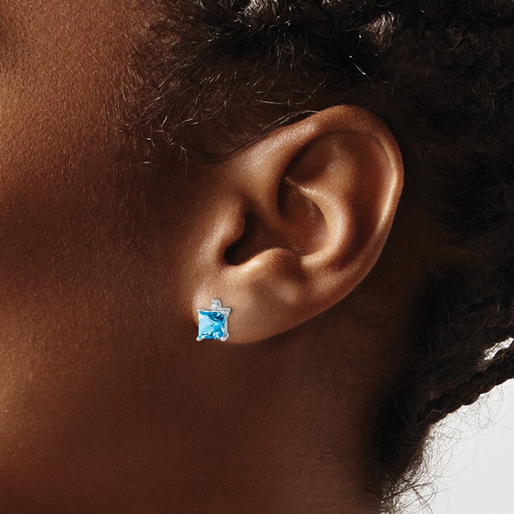 14k White Gold Princess Blue Topaz and Diamond Earrings