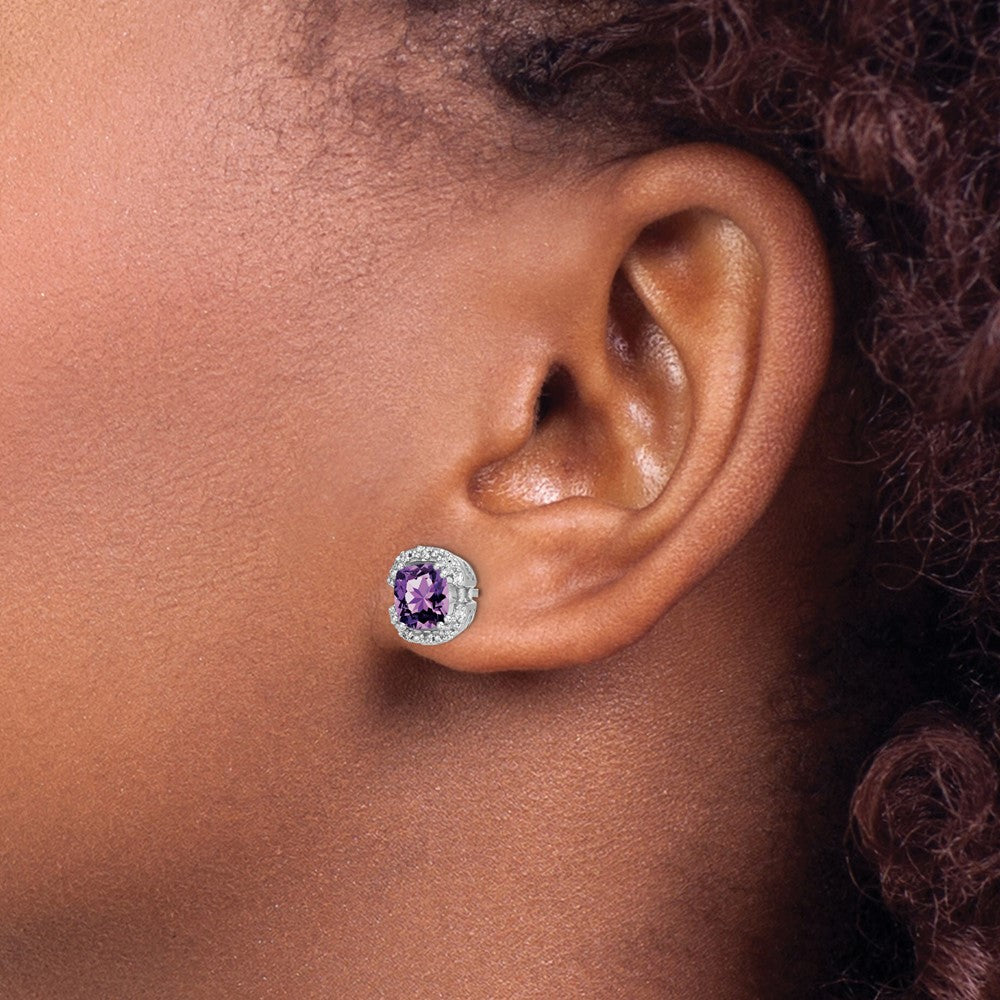 14k White Gold Cushion Amethyst and Diamond Halo Earrings