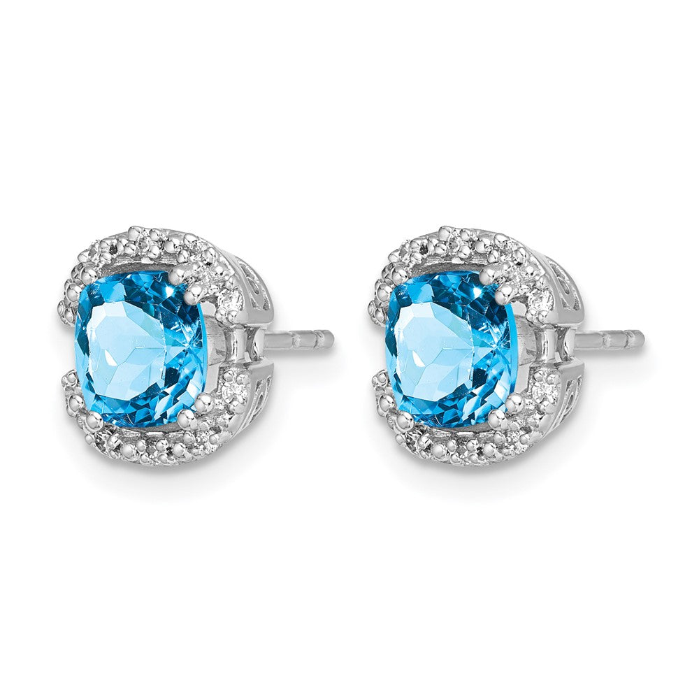 14k White Gold Cushion Blue Topaz and Diamond Halo Earrings