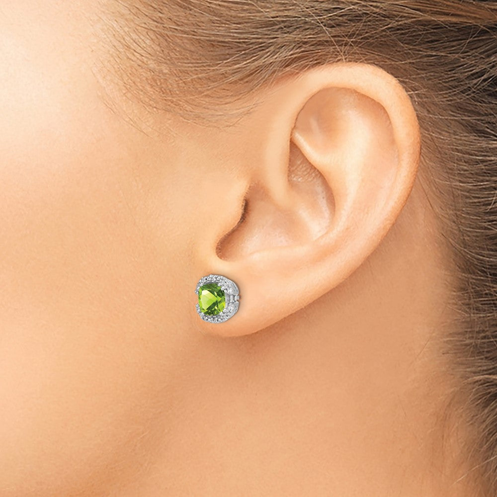 14k White Gold Cushion Peridot and Diamond Halo Earrings