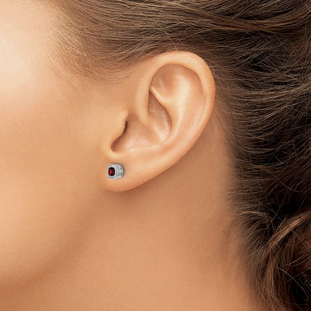 14k White Gold Cushion Garnet and Diamond Earrings