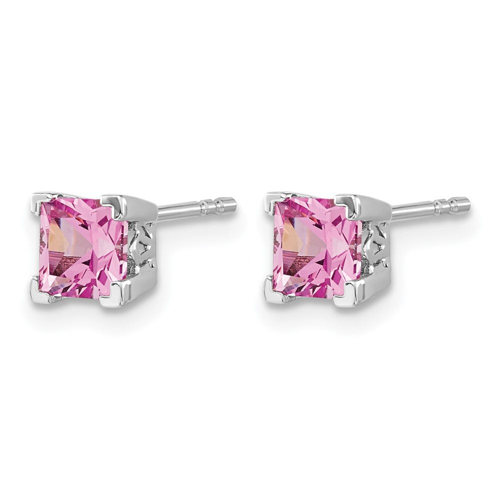 14k White Gold Square Created Pink Sapphire Earrings