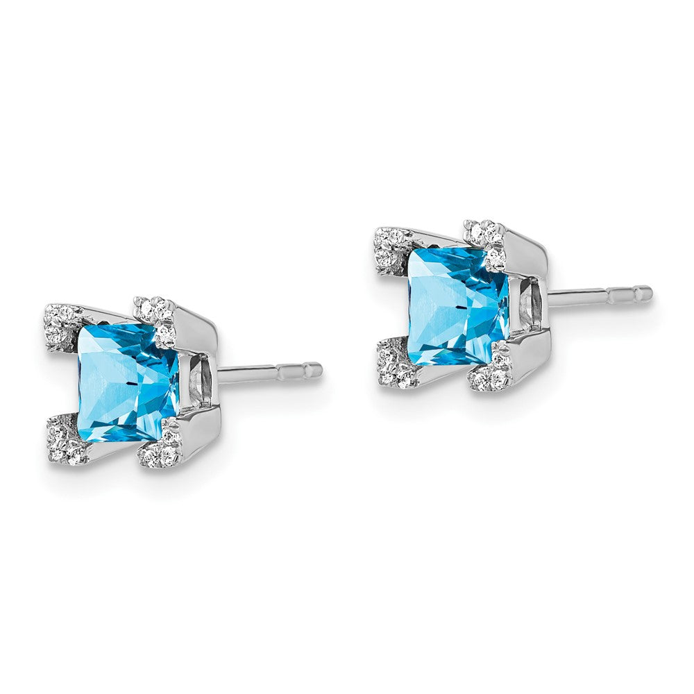 14k White Gold Square Blue Topaz and Diamond Earrings