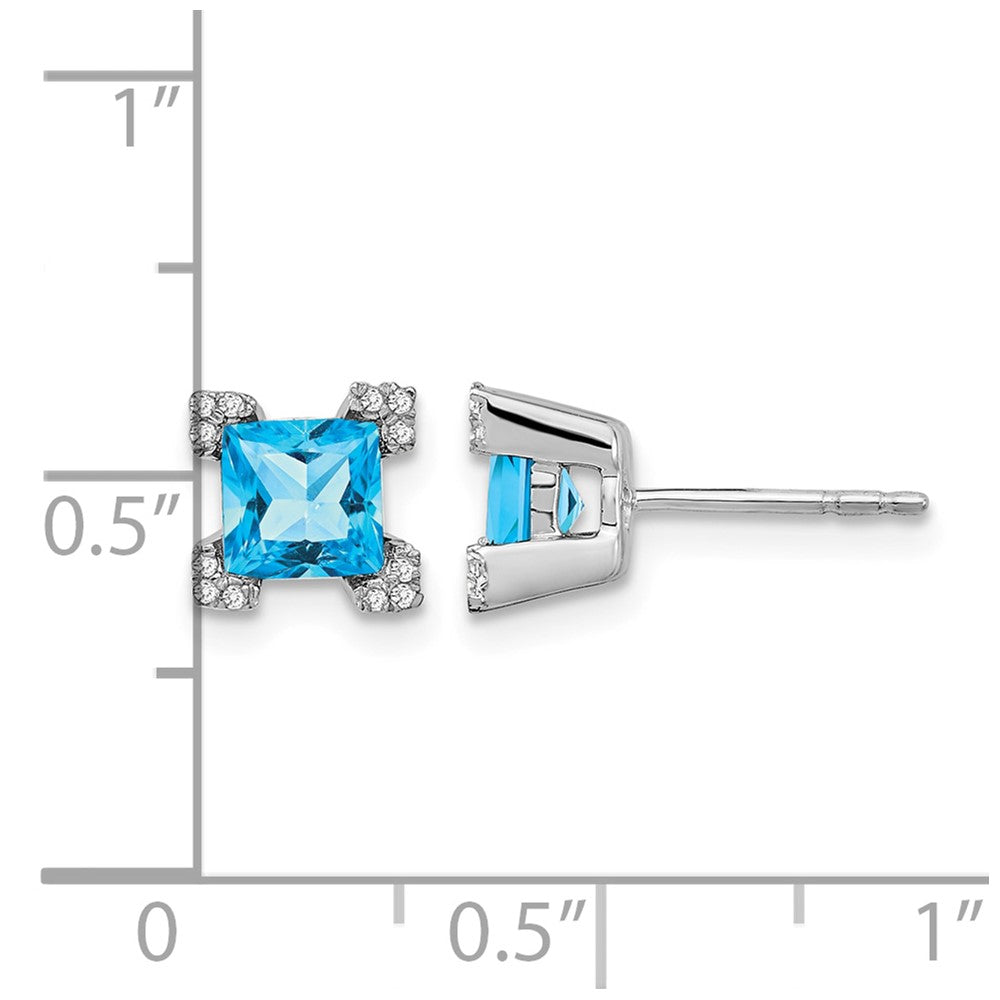 14k White Gold Square Blue Topaz and Diamond Earrings