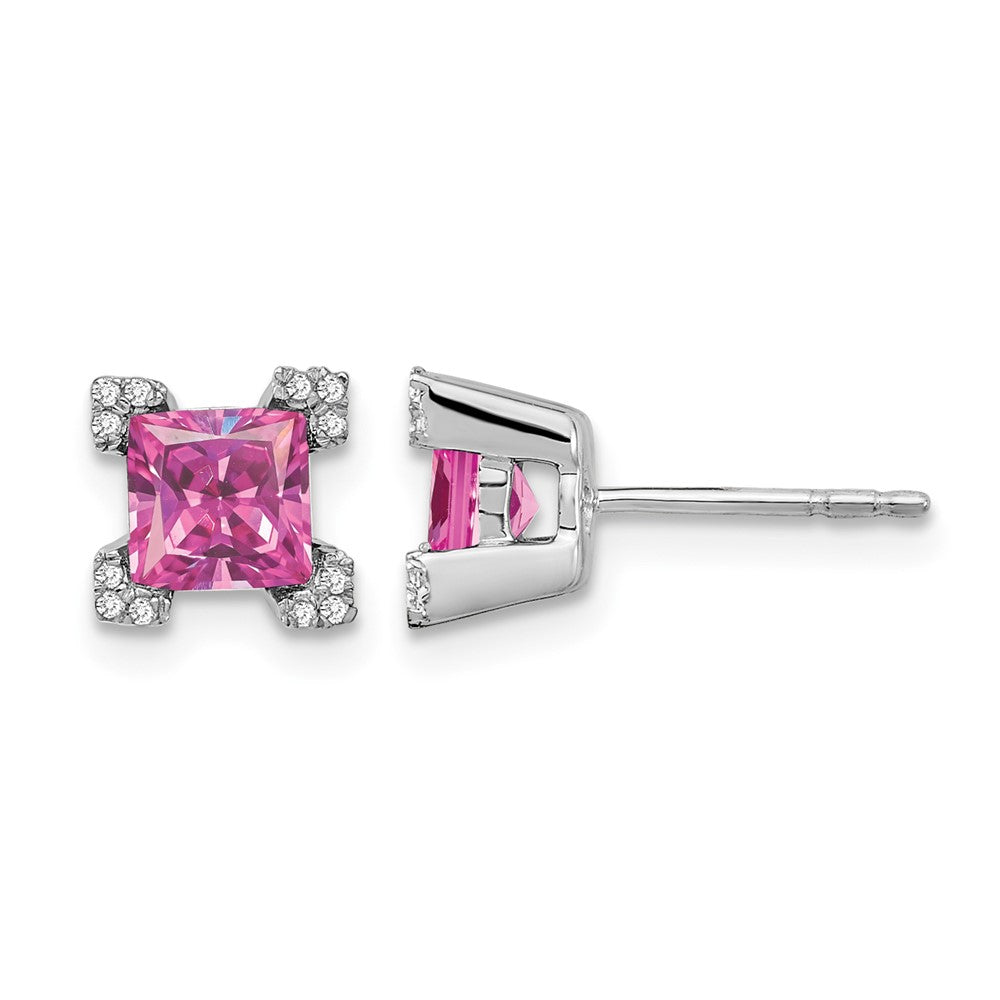14k White Gold Square Created Pink Sapphire and Diamond Earrings