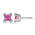 14k White Gold Square Created Pink Sapphire and Diamond Earrings