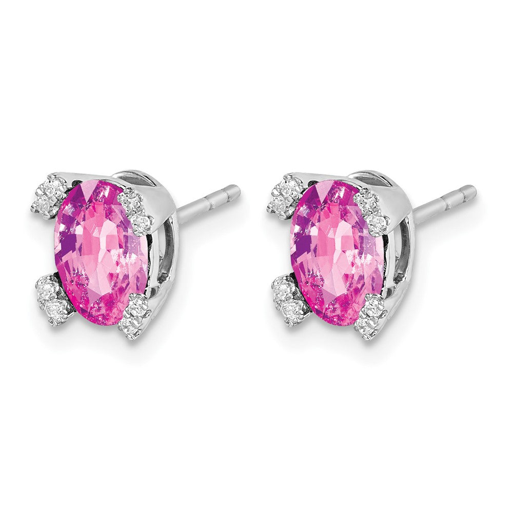 14k White Gold Oval Created Pink Sapphire and Diamond Earrings