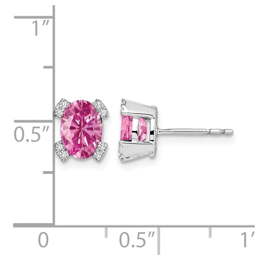 14k White Gold Oval Created Pink Sapphire and Diamond Earrings