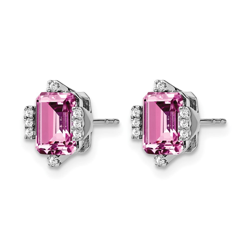 14k White Gold Emerald-shape Creat. Pink Sapphire/Diamond Earrings