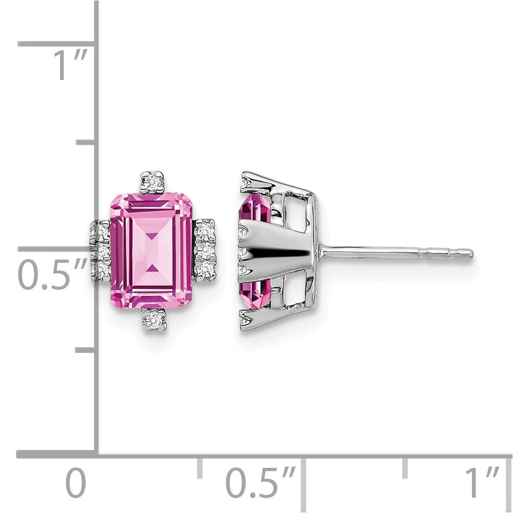 14k White Gold Emerald-shape Creat. Pink Sapphire/Diamond Earrings