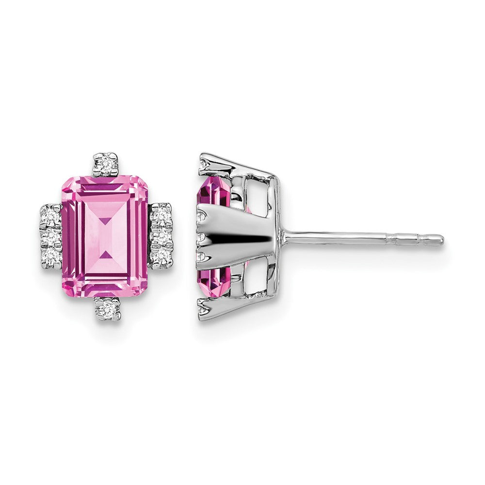 14k White Gold Emerald-shape Creat. Pink Sapphire/Diamond Earrings