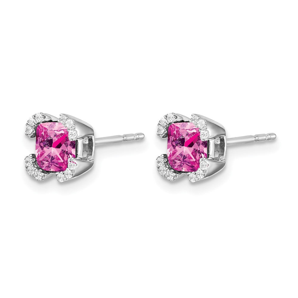 14k White Gold Cushion Created Pink Sapphire and Diamond Earrings