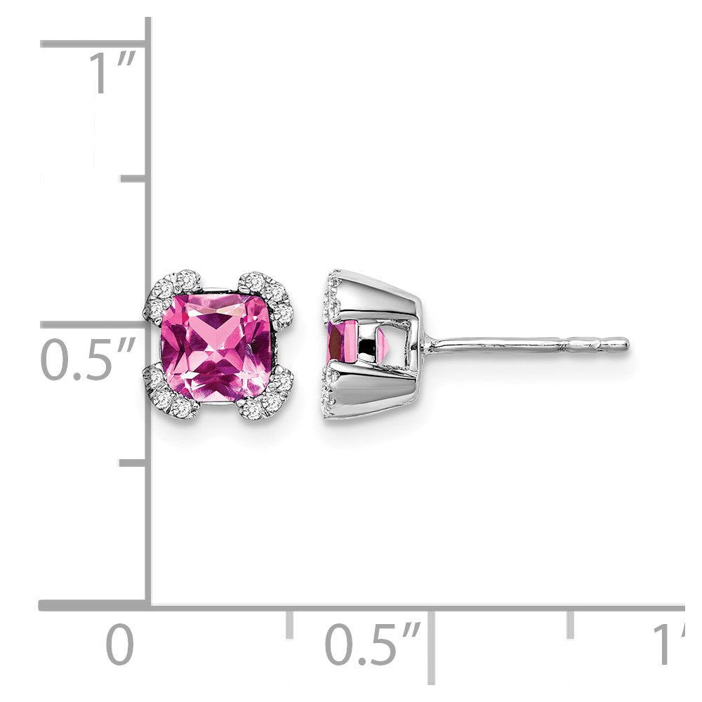 14k White Gold Cushion Created Pink Sapphire and Diamond Earrings