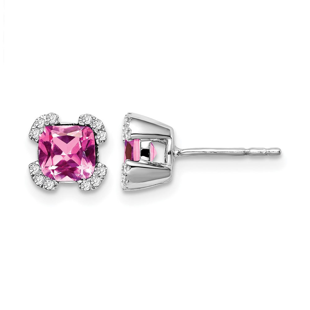 14k White Gold Cushion Created Pink Sapphire and Diamond Earrings