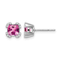 14k White Gold Cushion Created Pink Sapphire and Diamond Earrings