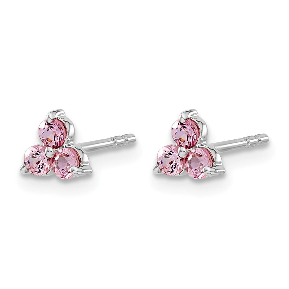14k White Gold 3-stone Created Pink Sapphire Triangle Earrings