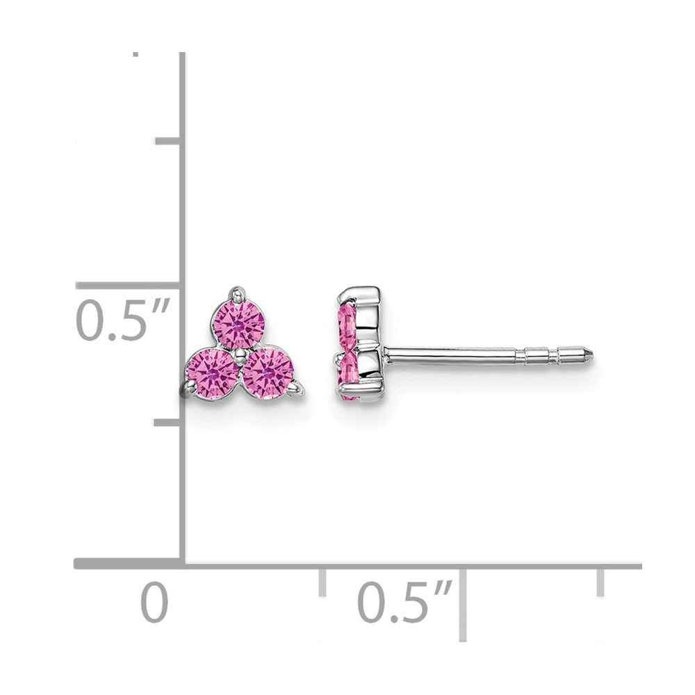 14k White Gold 3-stone Created Pink Sapphire Triangle Earrings