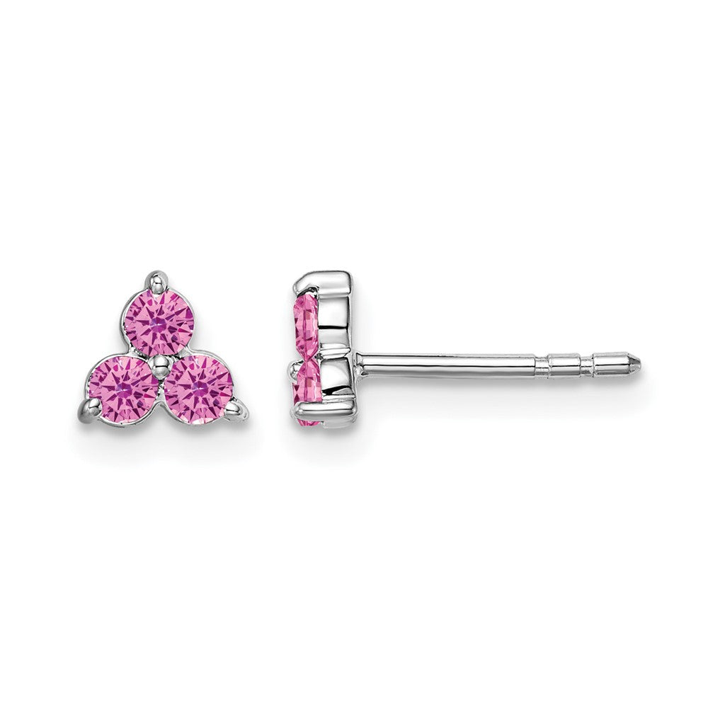 14k White Gold 3-stone Created Pink Sapphire Triangle Earrings