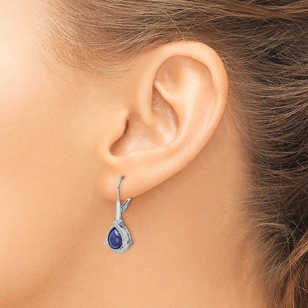 14k White Gold Pear Lapis and Diamond Leverback Earrings