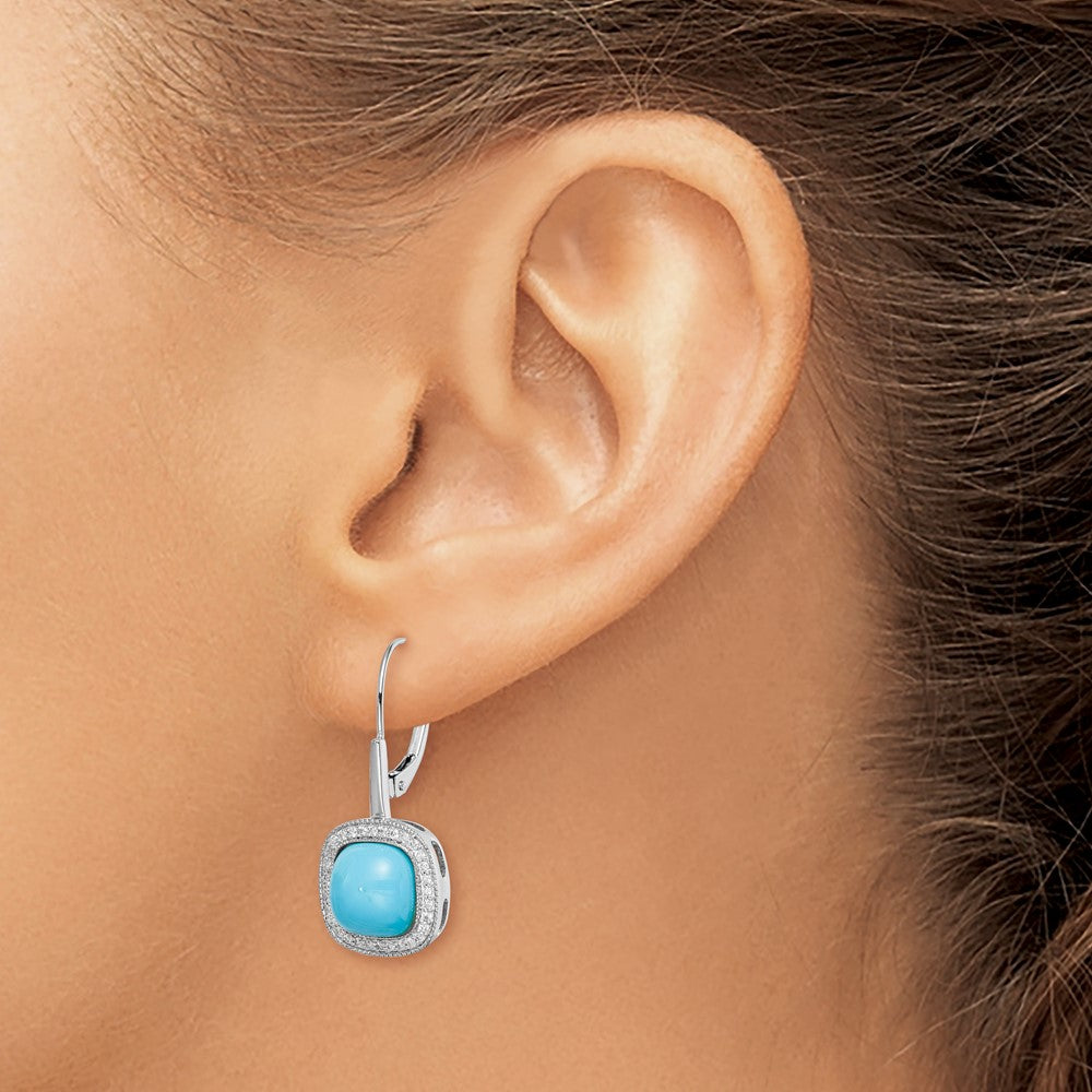 14k White Gold Turquoise and Diamond Leverback Earrings