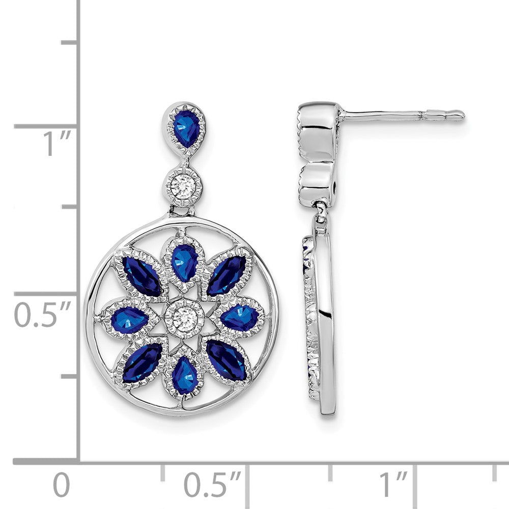14k White Gold Sapphire and Diamond Floral Dangle Earrings
