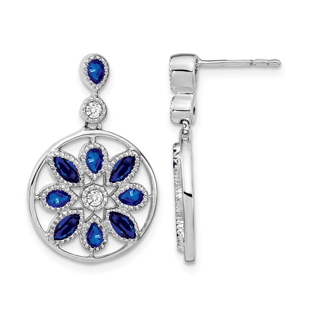 14k White Gold Sapphire and Diamond Floral Dangle Earrings