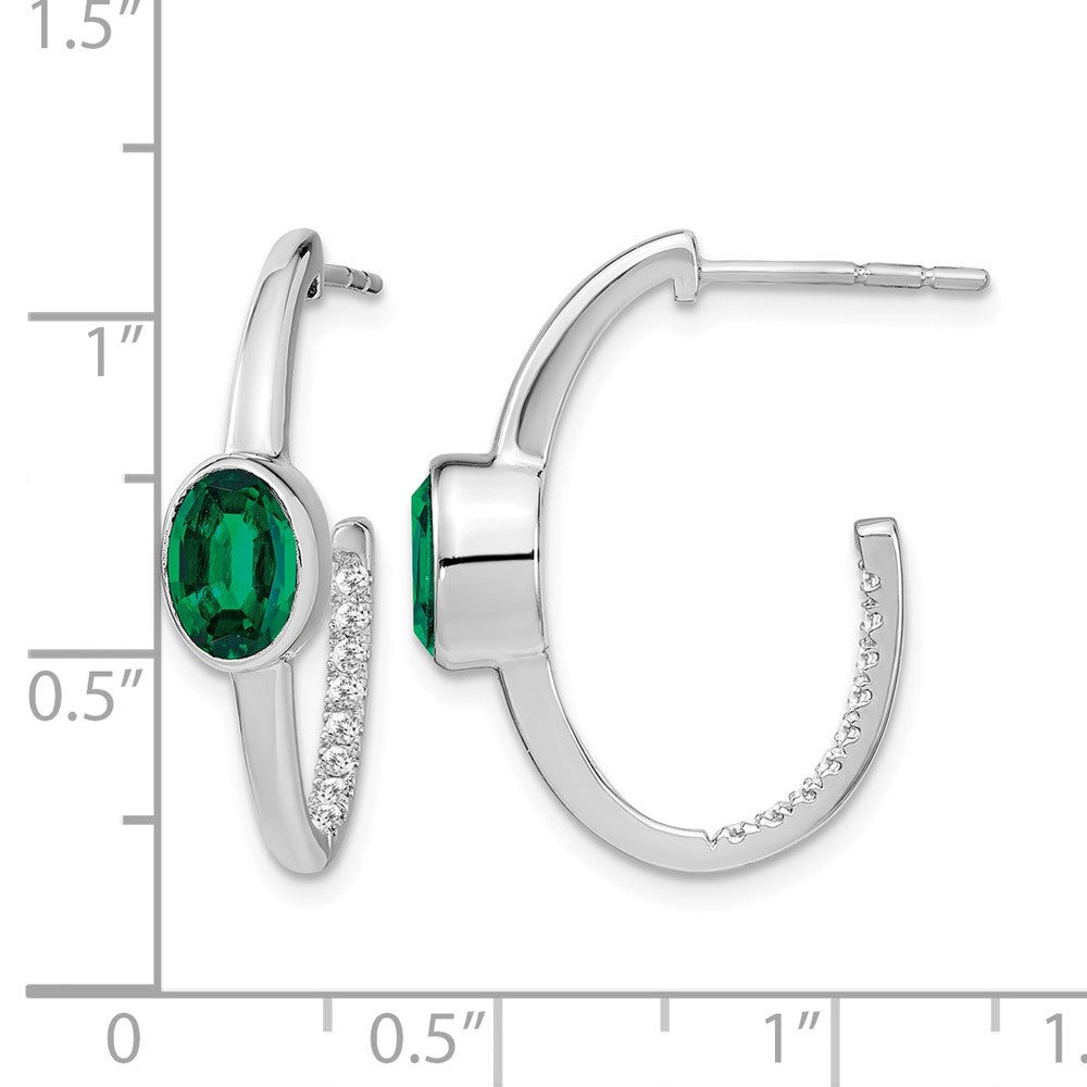 14k White Gold Oval Created Emerald and Diamond J-Hoop Earrings