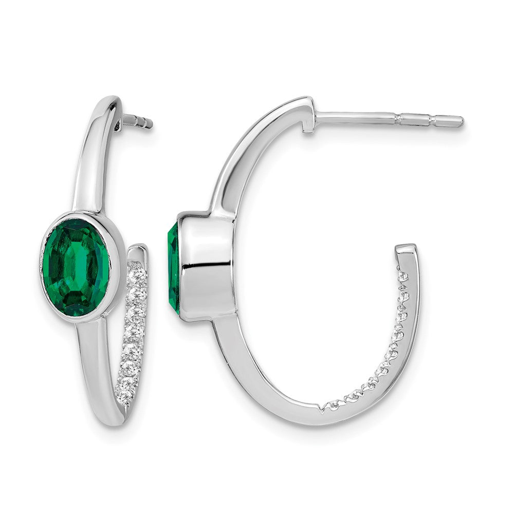 14k White Gold Oval Created Emerald and Diamond J-Hoop Earrings