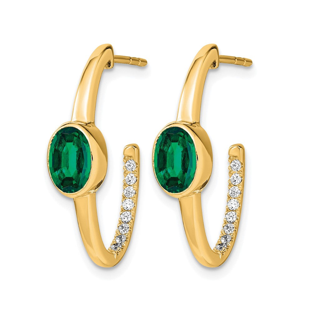 14k Oval Created Emerald and Diamond J-Hoop Earrings