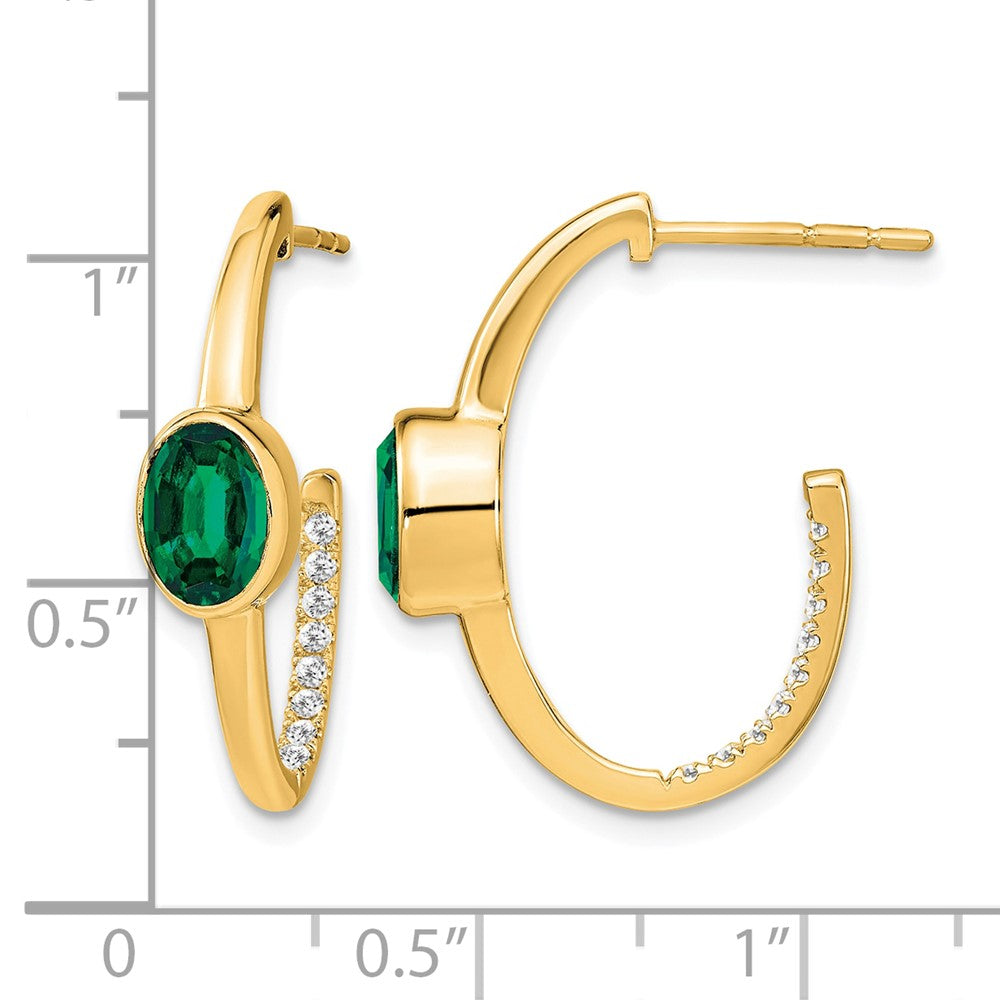 14k Oval Created Emerald and Diamond J-Hoop Earrings